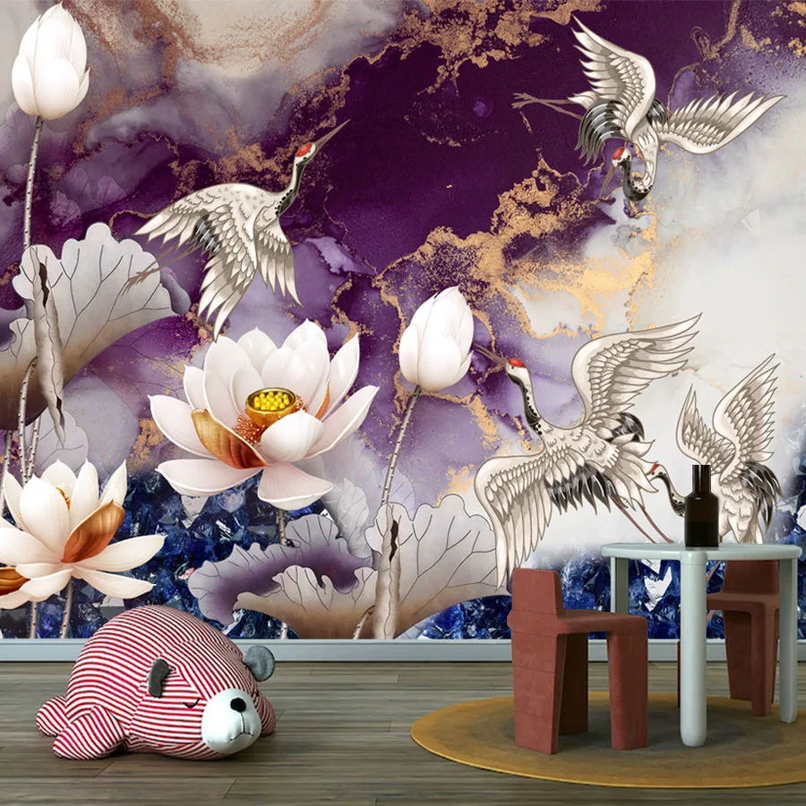 10+ Modern Wall Art Papers Home Decor Peel and Stick Wallpaper for Living Room Lotus Water Lily Purple Marble Photo Walls Mural
