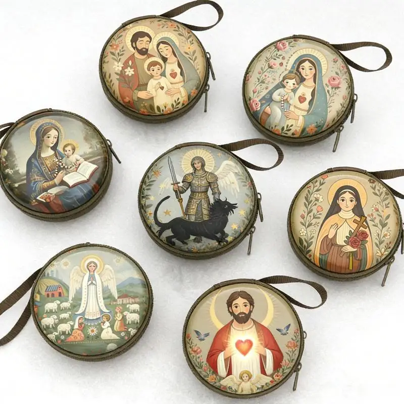 

Prayer Rosary Storage Bag Iron Artwork Zippered Religious Articles Round Elegant Jewelry Necklace Box, And Coin Purse