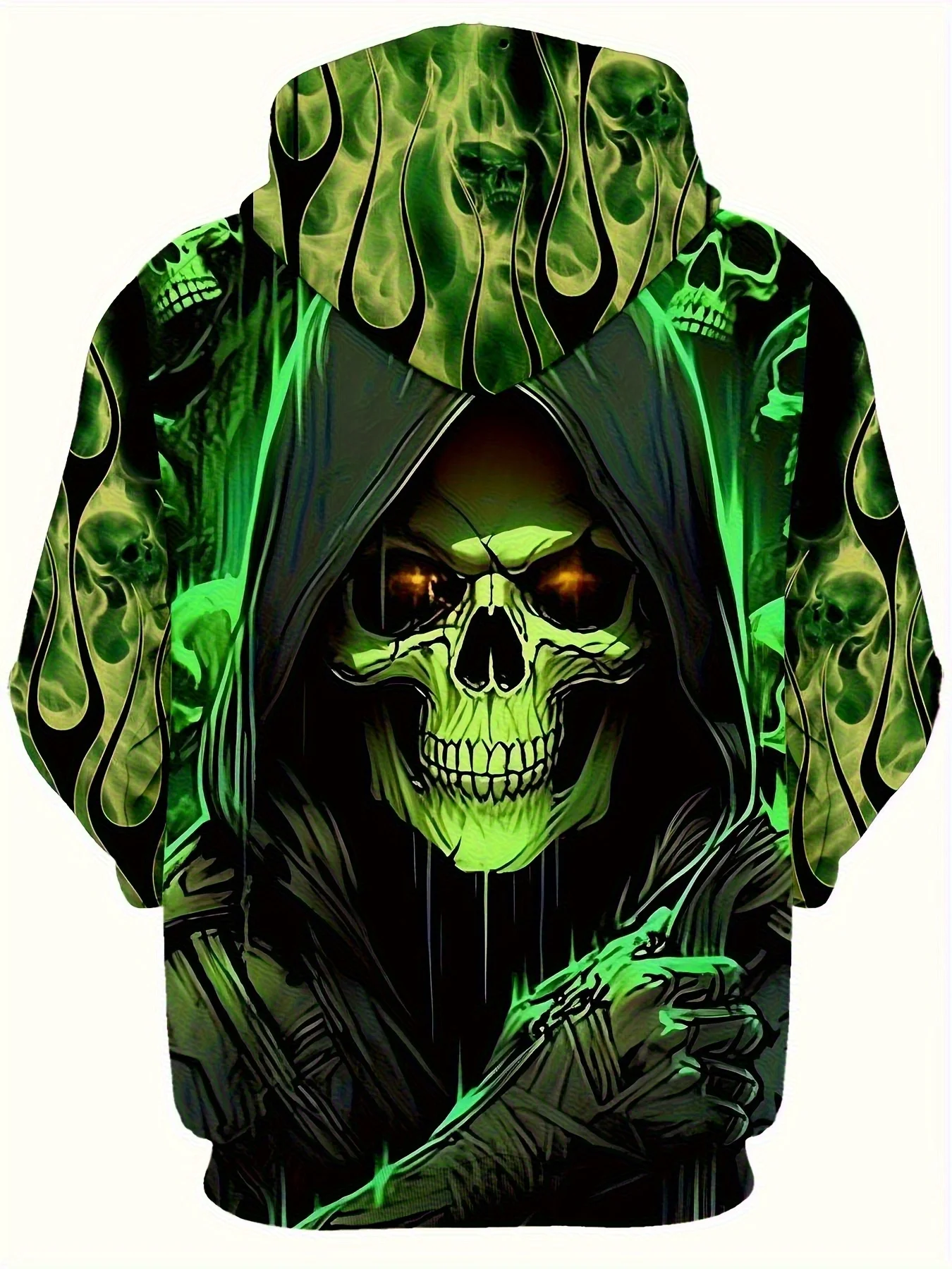Customization Men'S Gothic Hoodie With 2D Flat Print Featuring A Skull And Flame Design In Dark Green And Black. This Street Sty