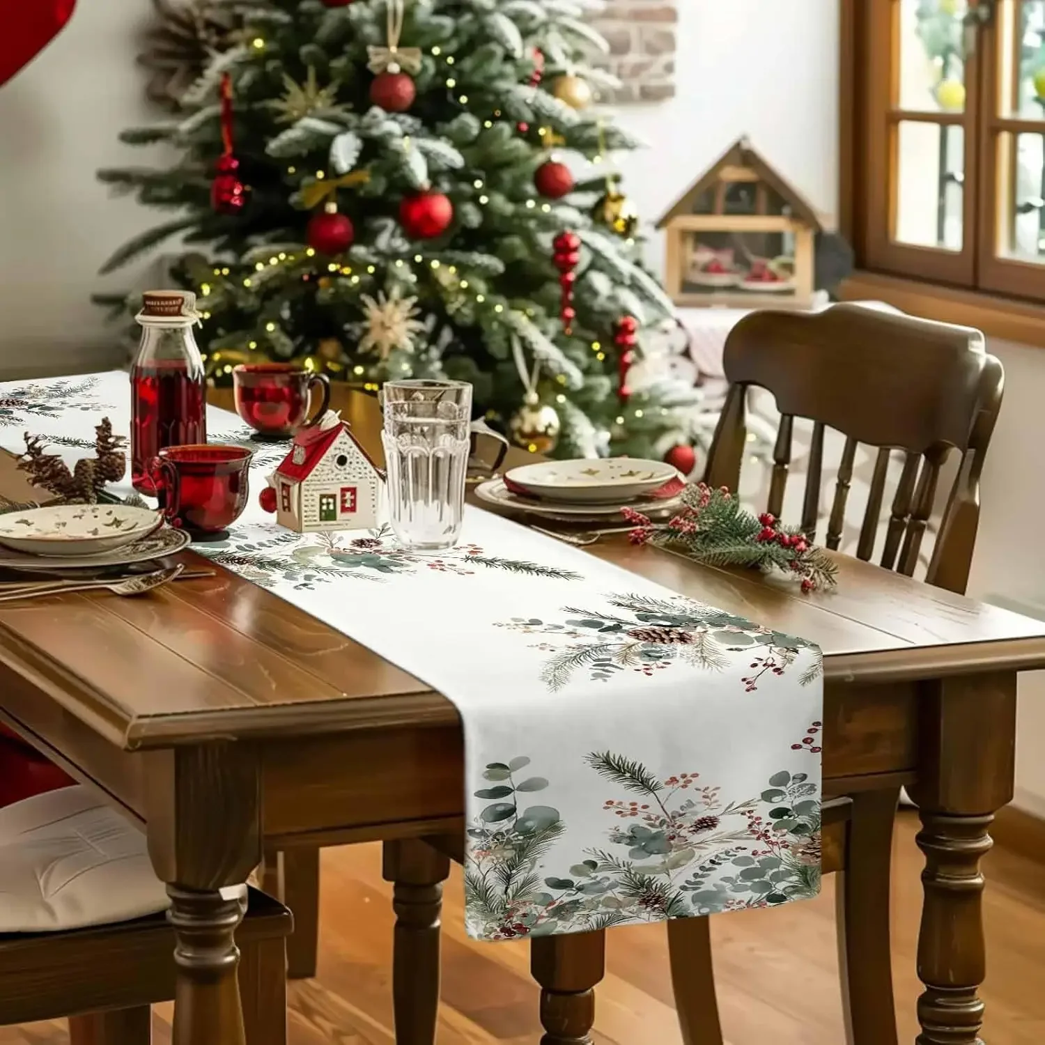 Christmas Botanical Pinecone Eucalyptus Leaves Linen table runners Dining Room decor reusable table runners xmas decorations