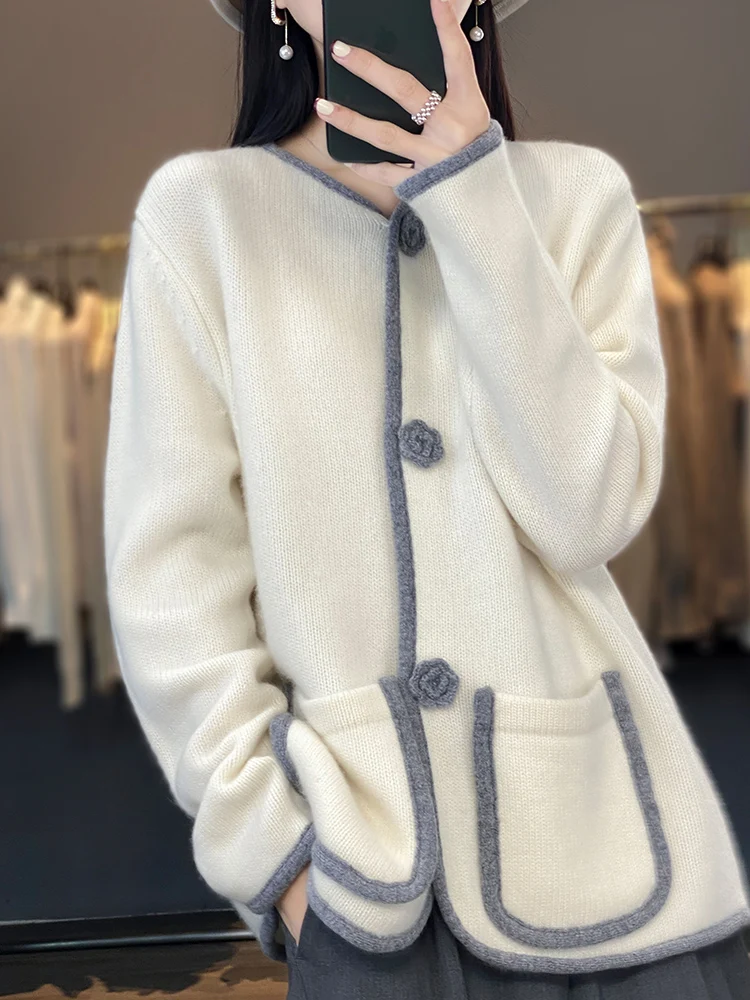 New Women Wool Cardigan Autumn Winter Button Cashmere Sweater 100% Merino Wool Knitwear Soft Warm Casual Loose Knitting Tops