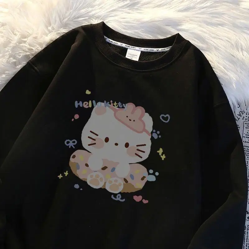 

Sanrio Hello Kitty women's Pullover Sweatshirt Fleece Lined Plus Size Loose Casual Autumn Winter Round Neck Long Sleeve Warm
