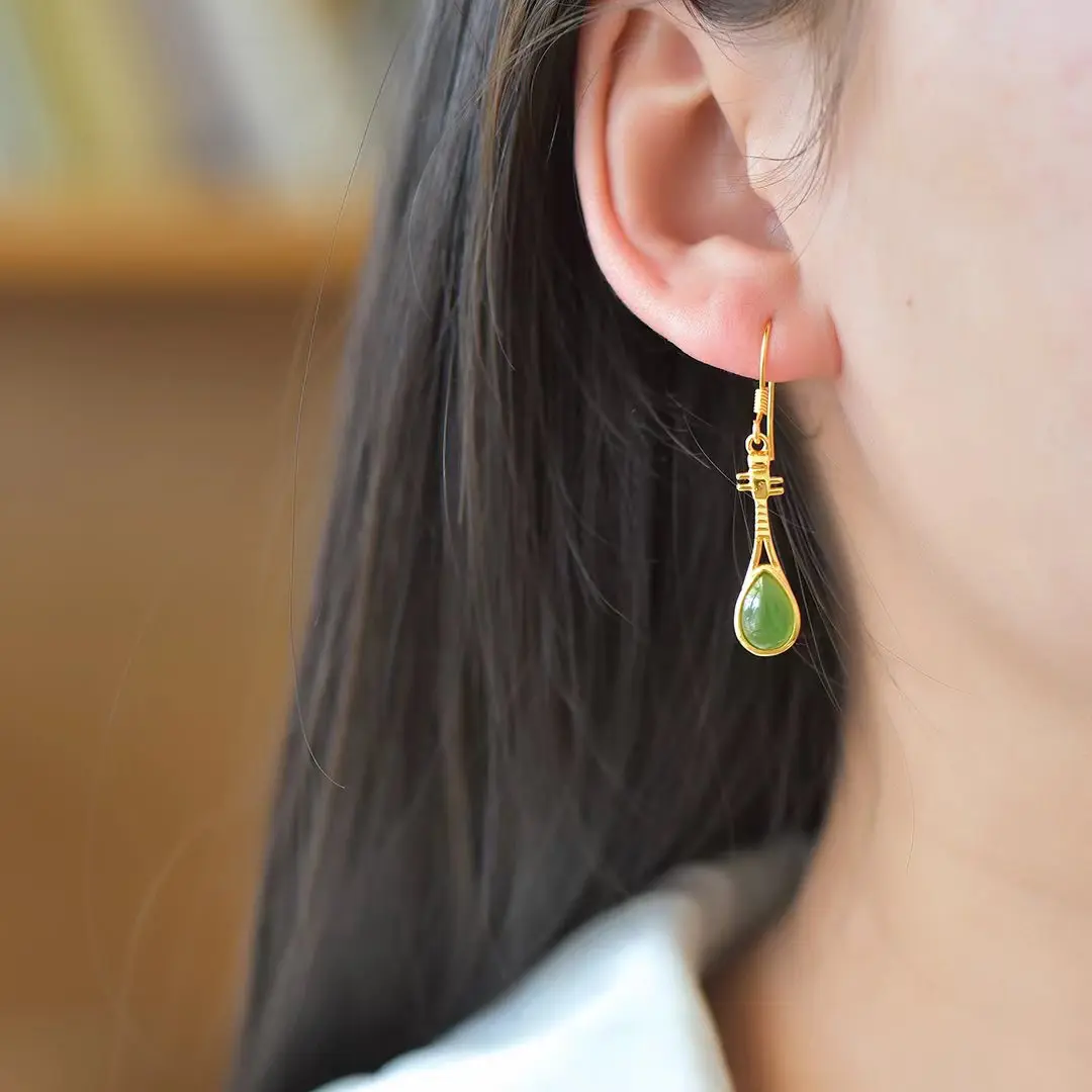 Pendientes de jaspe con incrustaciones de plata S925 para mujer, pendientes de gancho de Jade hetiano Natural, joyería de moda, regalo de joyería con estilo de piedras preciosas