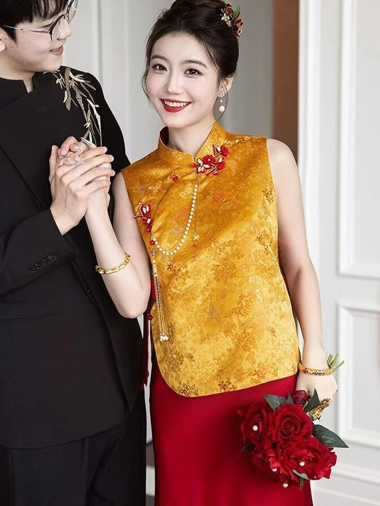 Golden Chinese Style Wedding Dress Morning Robe Engagement Celebration Banquet Attire New Bride Thank You Dinner Casual Wear