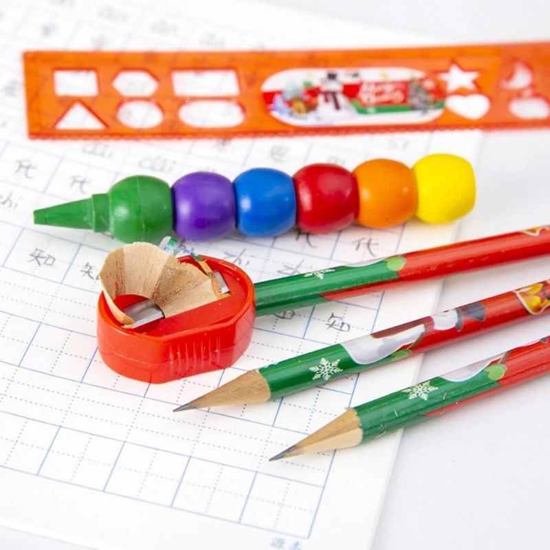 أقلام عيد الميلاد مع علبة أقلام وممحاة ومبراة ومسطرة للأطفال الأولاد والبنات