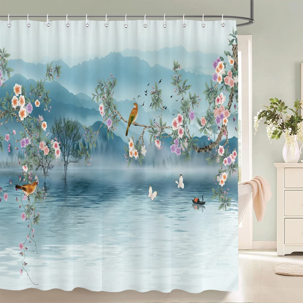 

Shower Curtain Chinese Style Flower and Bird Waterproof Bathroom Curtain landscape Partition Curtain Bath Curtains With Hooks