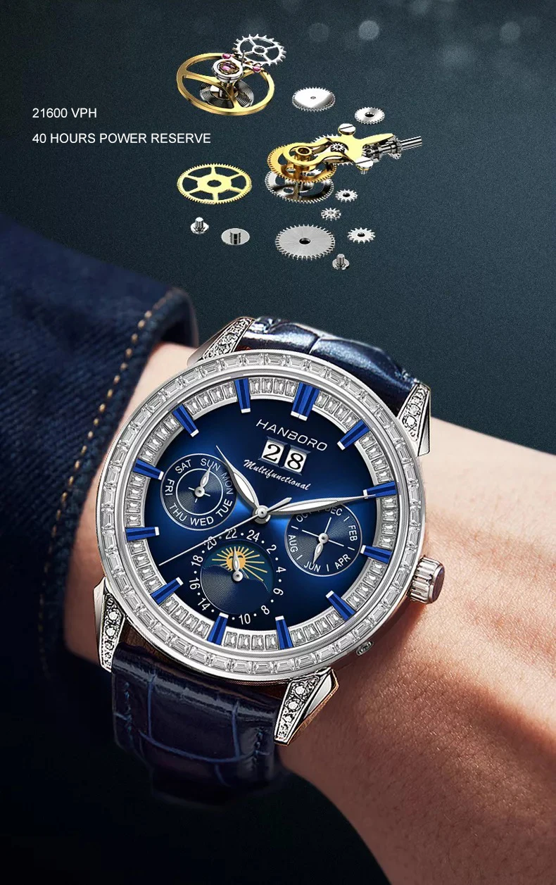 HANBORO Orologio automatico da uomo 41,5 mm Orologio da polso meccanico di lusso 50M Impermeabile Lunetta in cristallo luminoso Multi-quadrante Settimana Mese Data