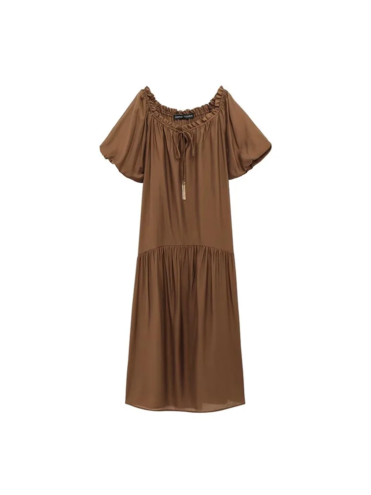 

Women Summer MIDI Dress 2025 Fashion Vintage Solid Loose Short Sleeve Drawstring Female Elegant Street Dresses Clothing