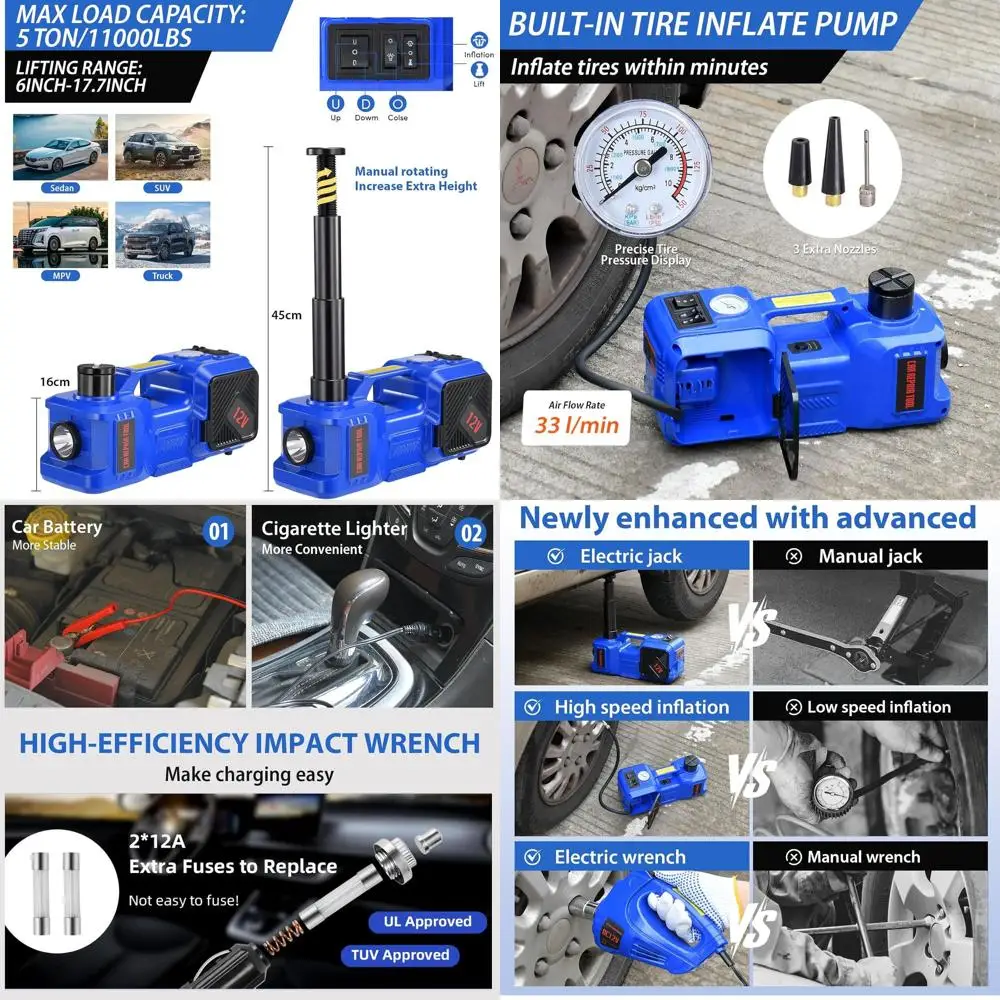 

Электрический домкрат 12В, 5 тонн, с комплектом для замены шин внедорожников, седанов и грузовиков, с компрессором и ударным гайковертом