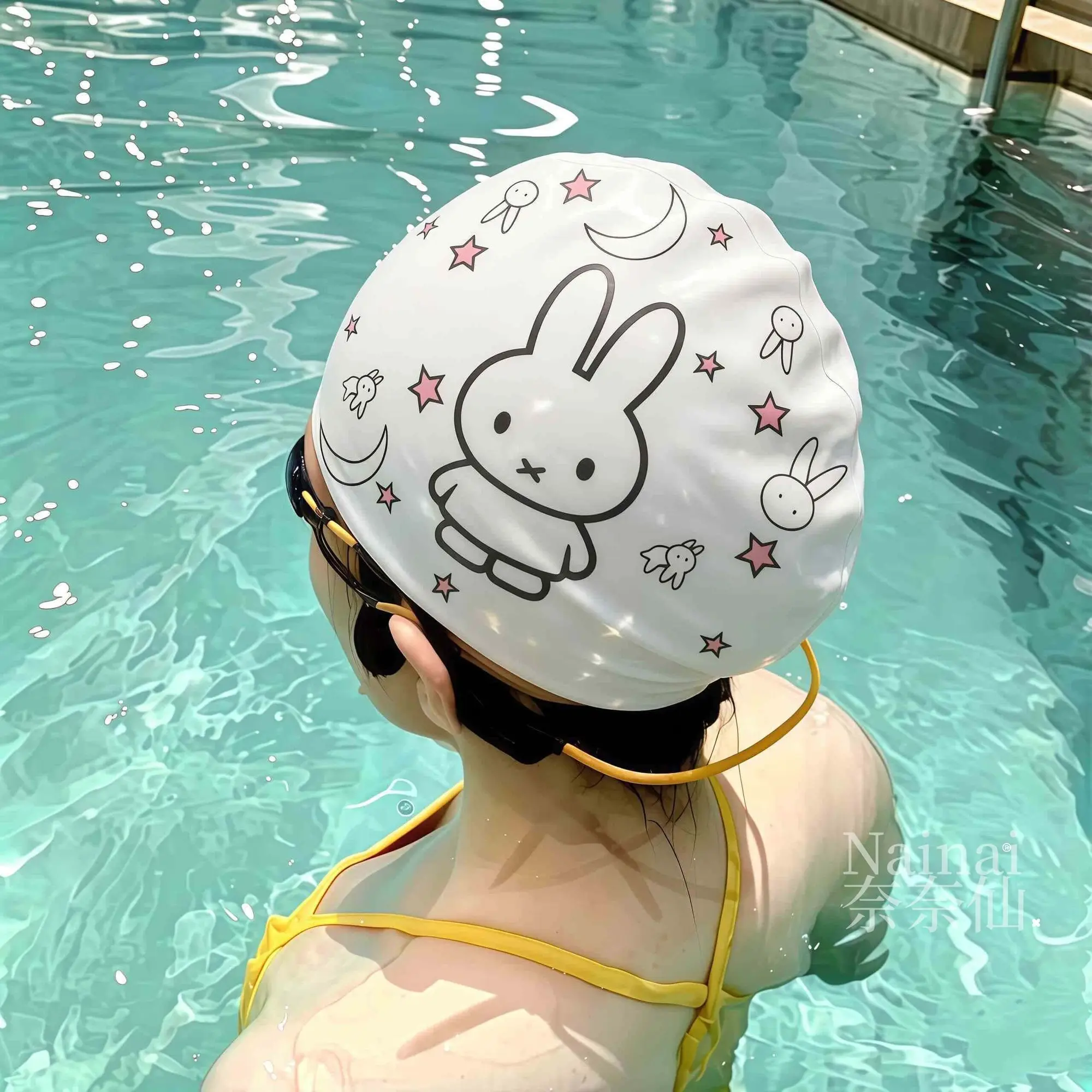 Miffy Silikon-Badekappe, großer wasserdichter Haarschutz für langes Haar, für Erwachsene, drückt den Kopf nicht ein.