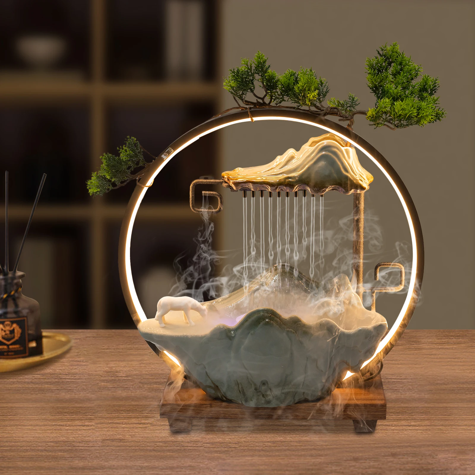 Backflow Incense Holder with Water Fountains and LED Light, Rockery, Horse and Plants Perfect for Relaxing or Home Decor