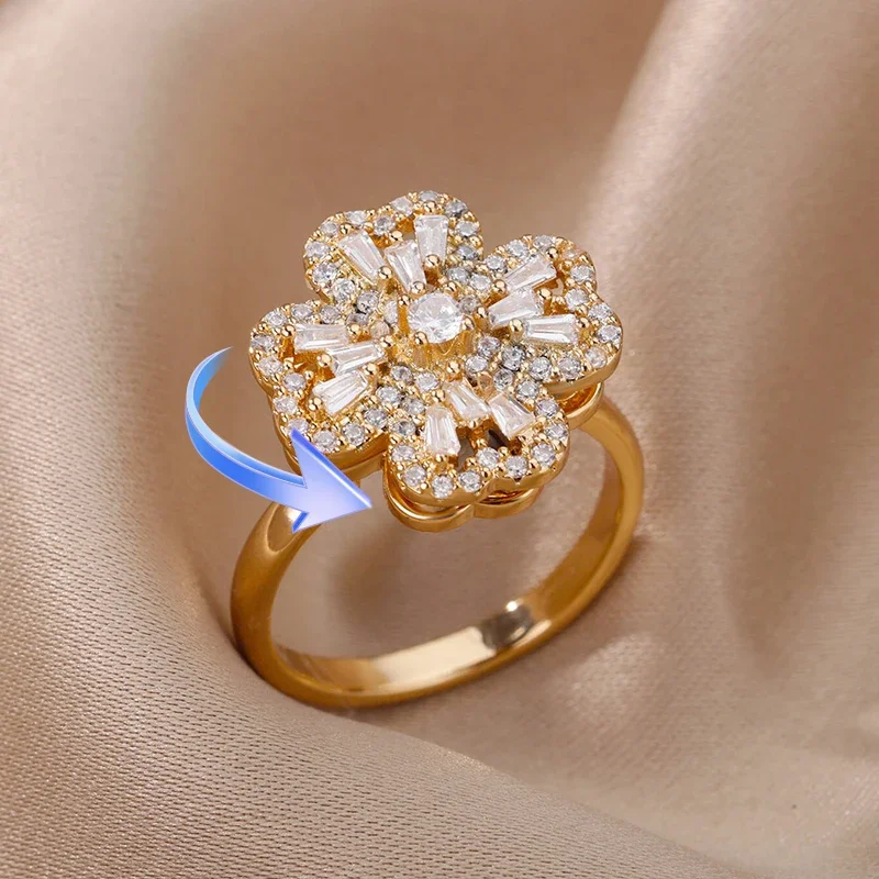 NEU Klassische Pflanze Kubik Zirkonia Ringe für Frauen Gold Silber Farbe Metall Drehring Jubiläum Kristall Schmuck Geschenk