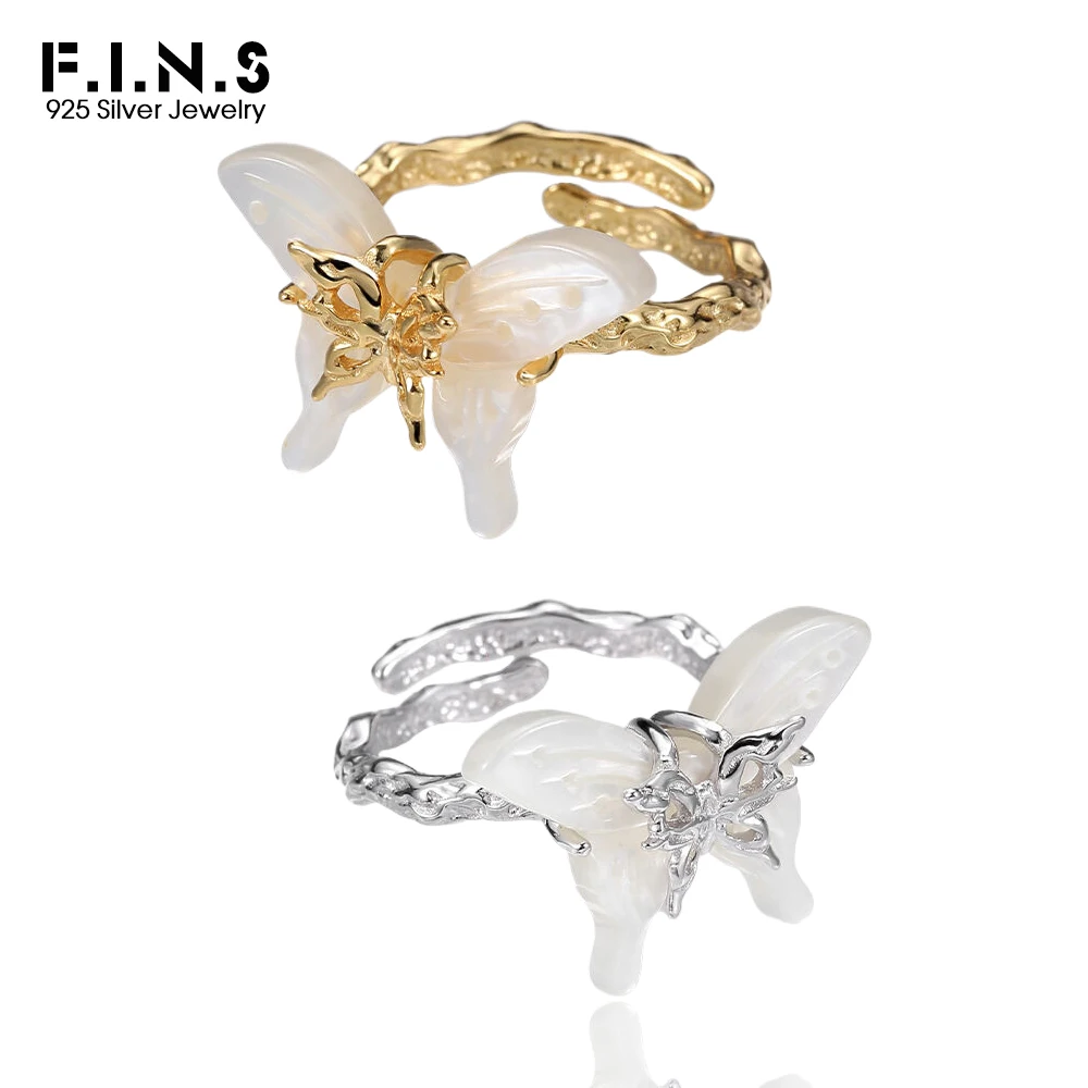 

F.I.N.S Original S925 Sterling Silver Gold Abalone Shell Butterfly Ring Luxury Opening Adjustable Index Mid Finger Fine Jewelry