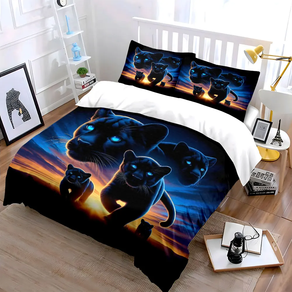 Black panther family at golden sunrise Duvet Cover Set with 3D Printing Design Soft Polyester Bedding Set All-Season Comfort