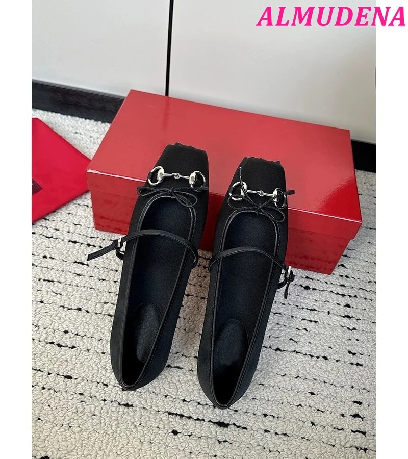 Square Toe Satin Ballet Flats Women Summer New in Metal Buckled Elegant Soft Shoes Luxury Designer Bowknot Cute Mary Jane Shoes