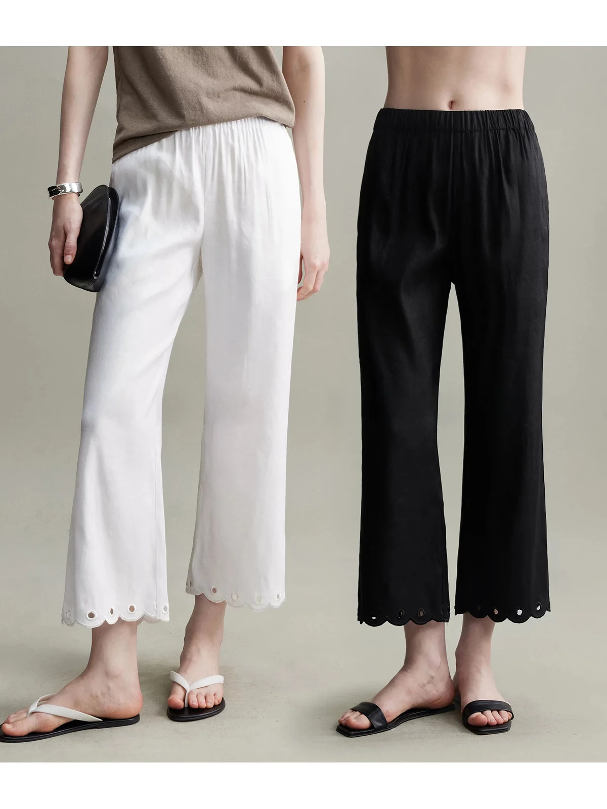 

Summer 2026 Anti-Wrinkle Soft Elastic Linen Hollow Embroidery Casual Slim Micro Flare Nine-Piece Pants Women's Casual Pants
