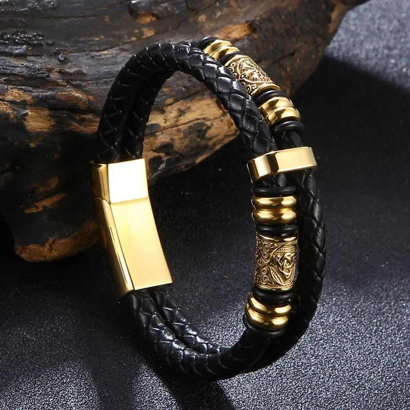 

Ethnic Celtic Knot Beads Charm Bracelets for Men 2 Layers Black Braided Leather Rope Chain Wristband Casual Gifts Jewelry SP1489