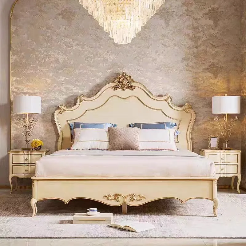 Cama Matrimonial de Lujo Estilo Francés, Cama Doble de Madera Maciza para Recámara Principal, Cama de Boda Europea Tallada