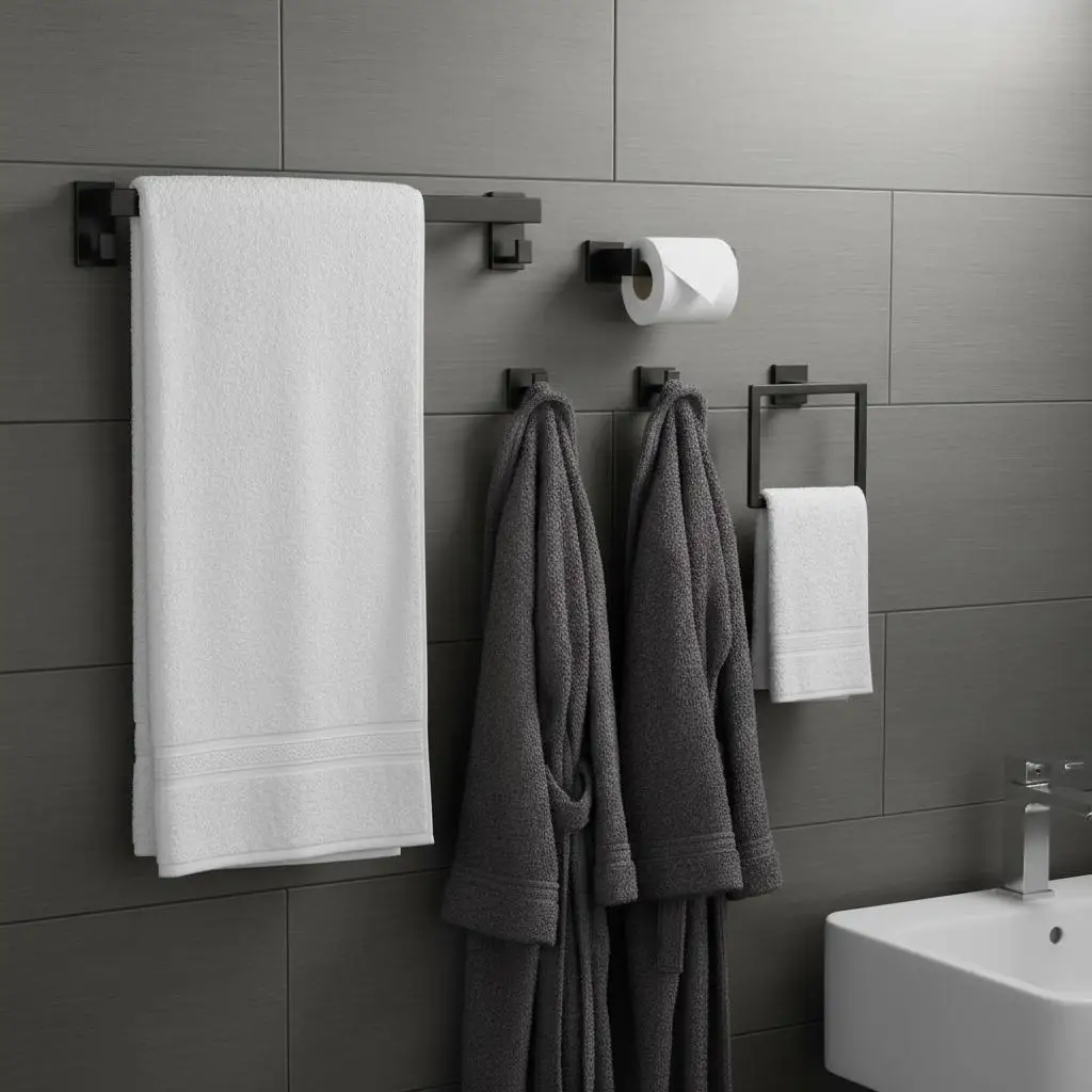 

Wall Mounted Bathroom Fixture Kit 16 inch For Apartment Hotel Home, 5 Piece Set Towel Rack Toilet Paper Holder Robe Hooks, Ma