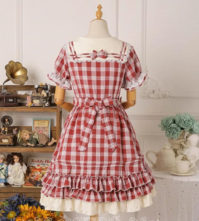 Lolita Dress Short Sleeve Plaid Sailor Bow and Ruffles Lolita One Piece Dress