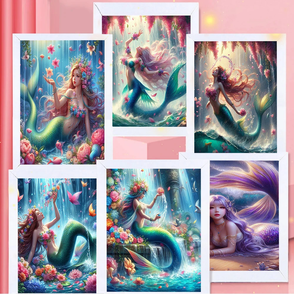 5D Diamond Beautiful Mermaid Dancing In The Flower Waterfall Painting DIY Mosaic Kits Full Drills Embroidery Cross Stitch Decor