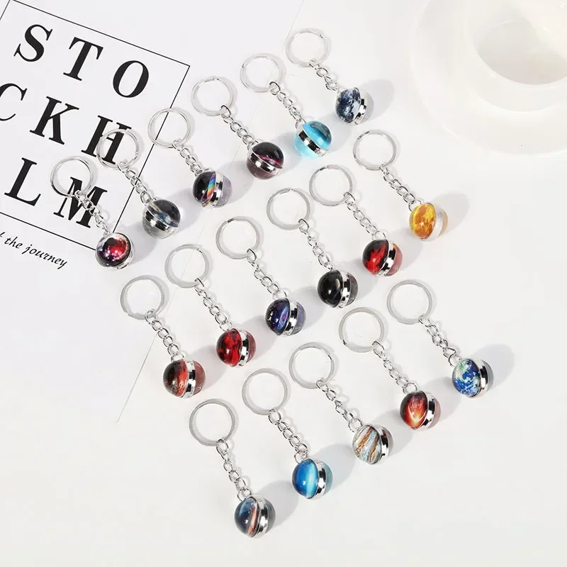 Universe Star Key Ring Solar System Metal Pendant Galaxy Nebula Earth Double-Sided Glass Ball Key Chain DIY Keychain Accessories