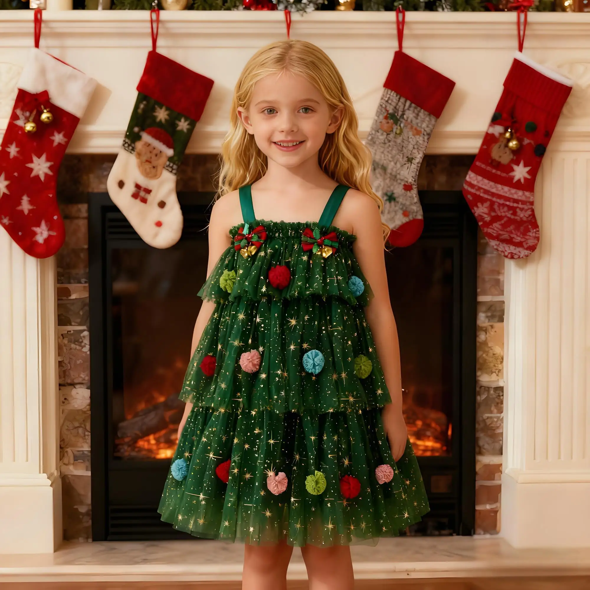 2026 السنة الجديدة فتاة صغيرة فستان عيد الميلاد الأخضر ستار طباعة ساحة الرقبة بلا أكمام الطبقات تول فستان مع القوس جرس مشبك شعر #1