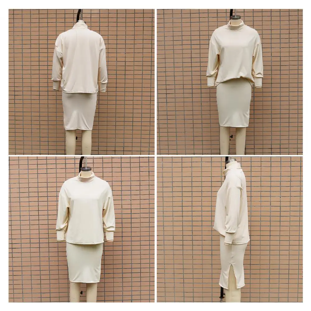 

Fashion Knitted 2 Piece Set Autumn New Loose Turtleneck Solid Color High Waist Long Skirt Suit Elegant Women Clothing Outfits