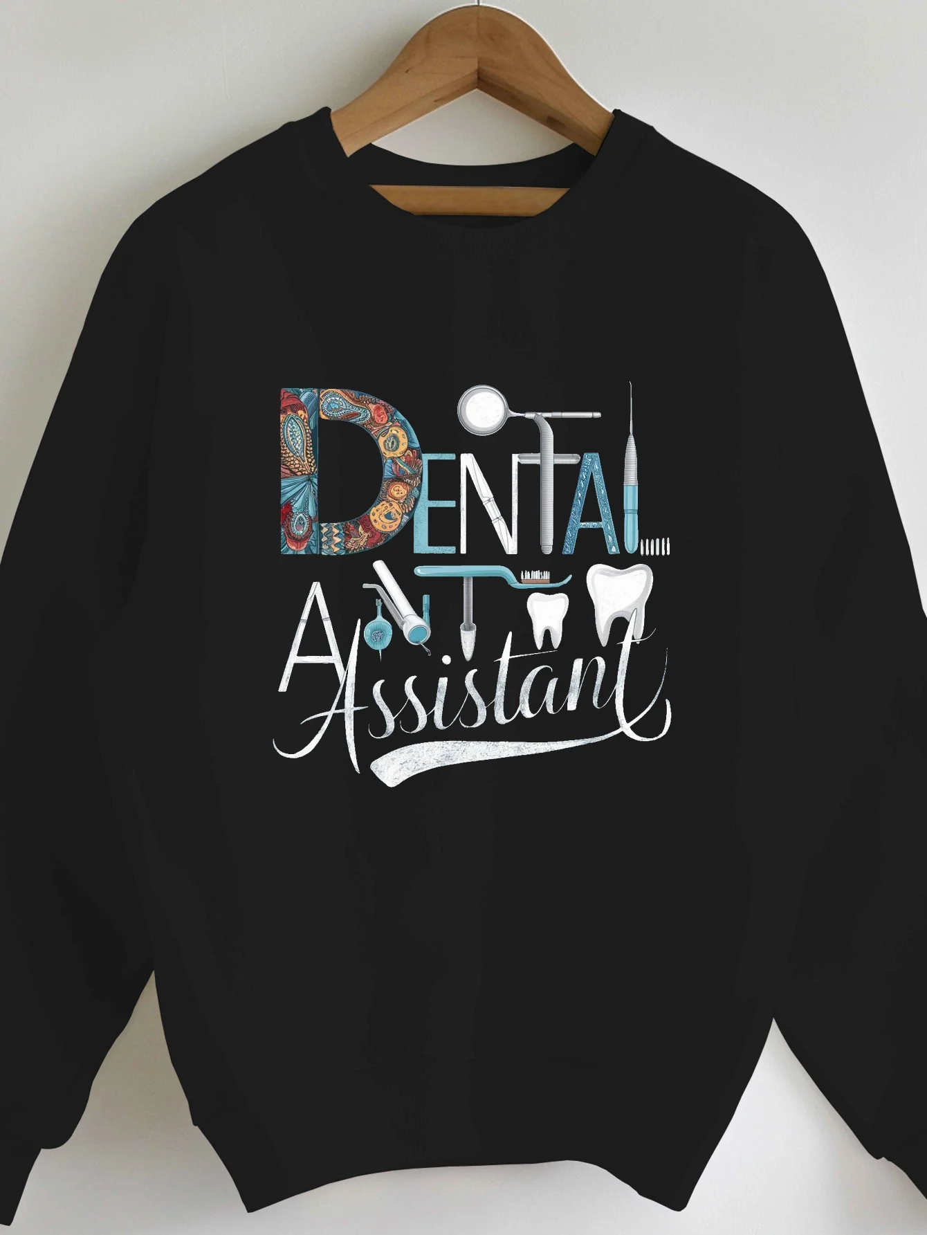 Women's Graphic Print Round-Collar Sweatshirt for Dental Assistant Vibrant Design Geometric Dental Tools Casual Washable