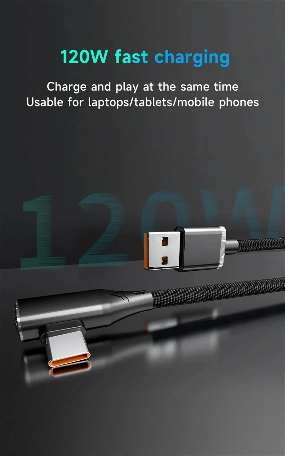 120W USB-C-Kabel, 90-Grad-Winkel, USB-auf-Typ-C-Ladekabel, schnelles Ladekabel für iPhone, Xiaomi, Huawei – Detail 1
