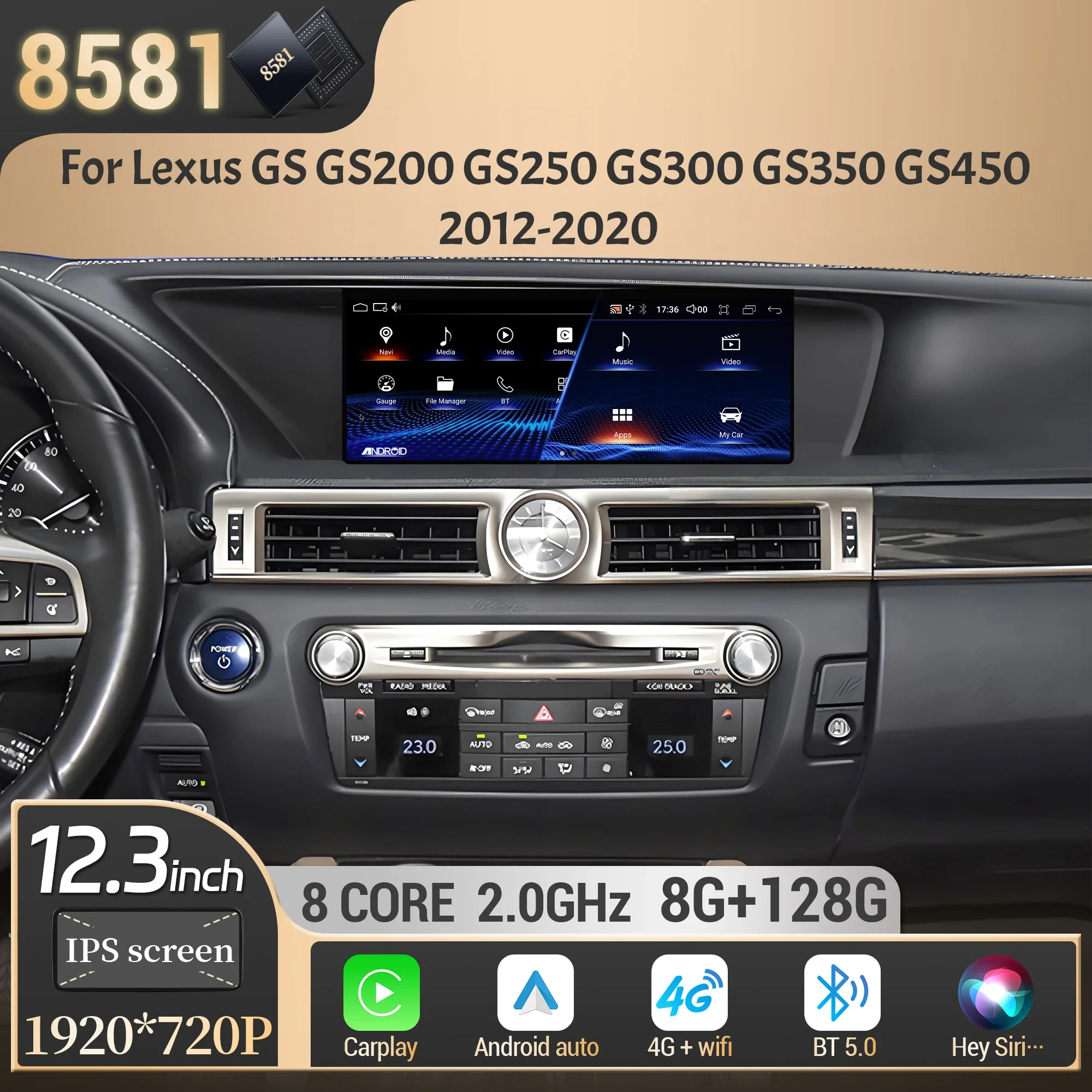 12.3inch For Lexus GS GS200 GS250 GS300 GS350 GS450 2012-2020 Car Radio Multimedia Carplay Multimedia Navigation 4G GPS Screen
