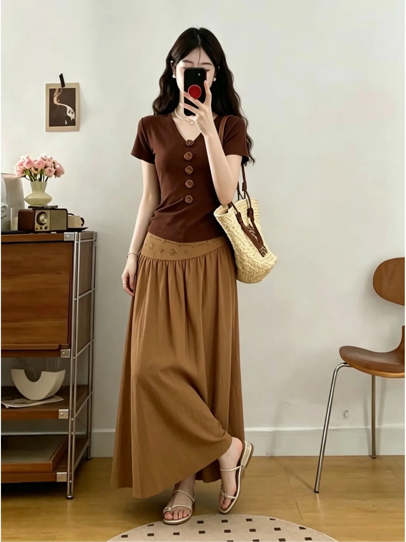 

plus Size Summer Vintage Holiday Floral V-Neck Short Sleeve T-Shirt And Half Skirt Two-Piece Set Slimming Diamond Heat Pressed