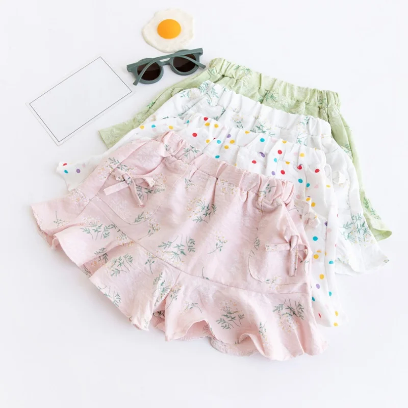 

Summer Kids Girl Shorts Thin Print Short Pant For Girls Korean Style Sweet Children's Pocket Bow Casual Clothing 3-8Y 2024 New