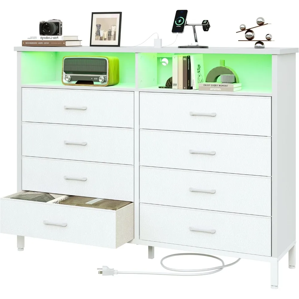 

White Dresser with LED Lights and Charging Station, 8 Long Fabric Drawers Dressers, Chest of Drawers Storage Organizer TV Stand