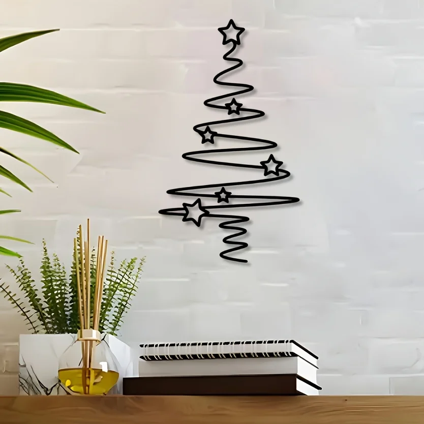1/2pcs Elegant Black Metal Christmas Tree Wall Art with Star Ornaments - Non-Electric Holiday Decor for Indoor & Outdoor