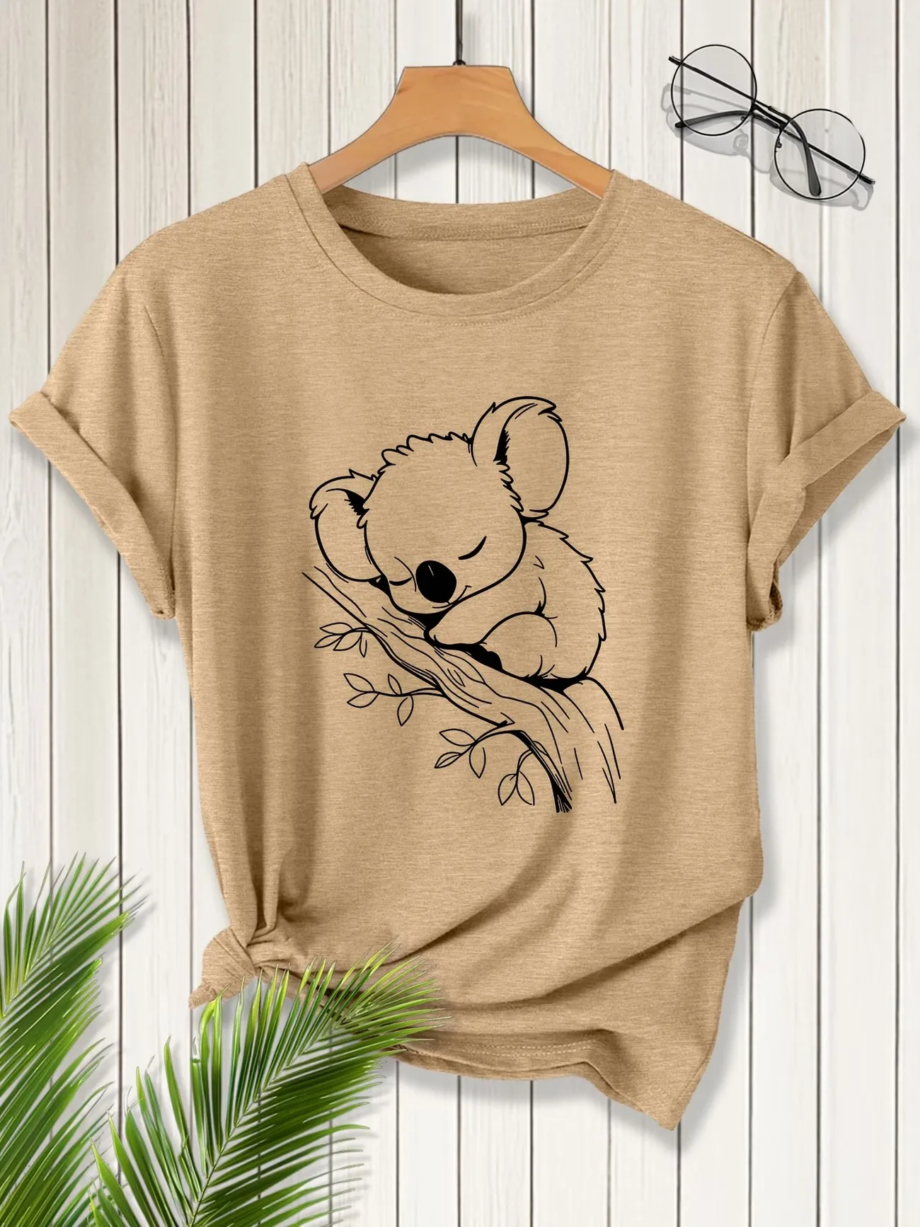 Fashion Elegant Women Cute Sleeping Koala Graphic T-shirt O Neck Short Sleeve Animal Print Casual Summer Tops Tees