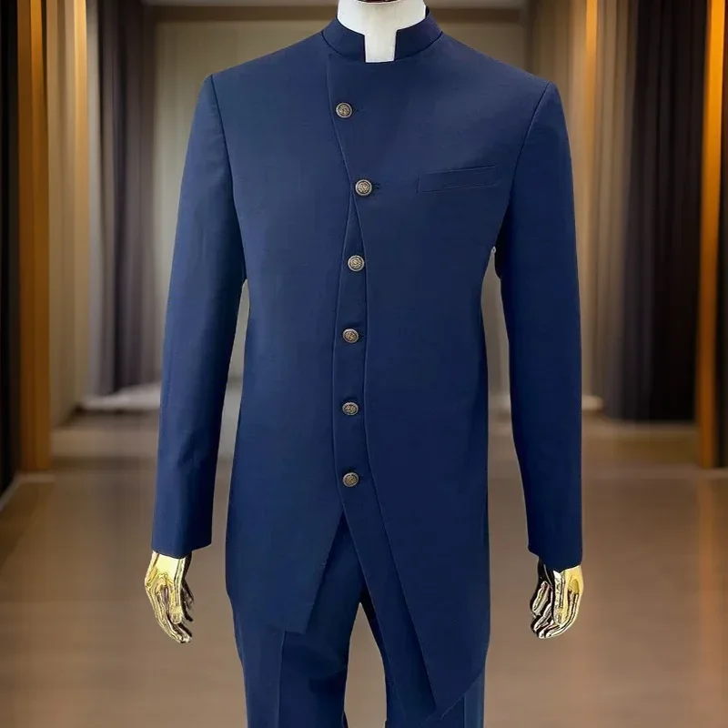 

Safari Suits For Men 2 Pieces With Stand Collar Formal Groom Wedding Tuxedo Jacket With Pants African Made Costume