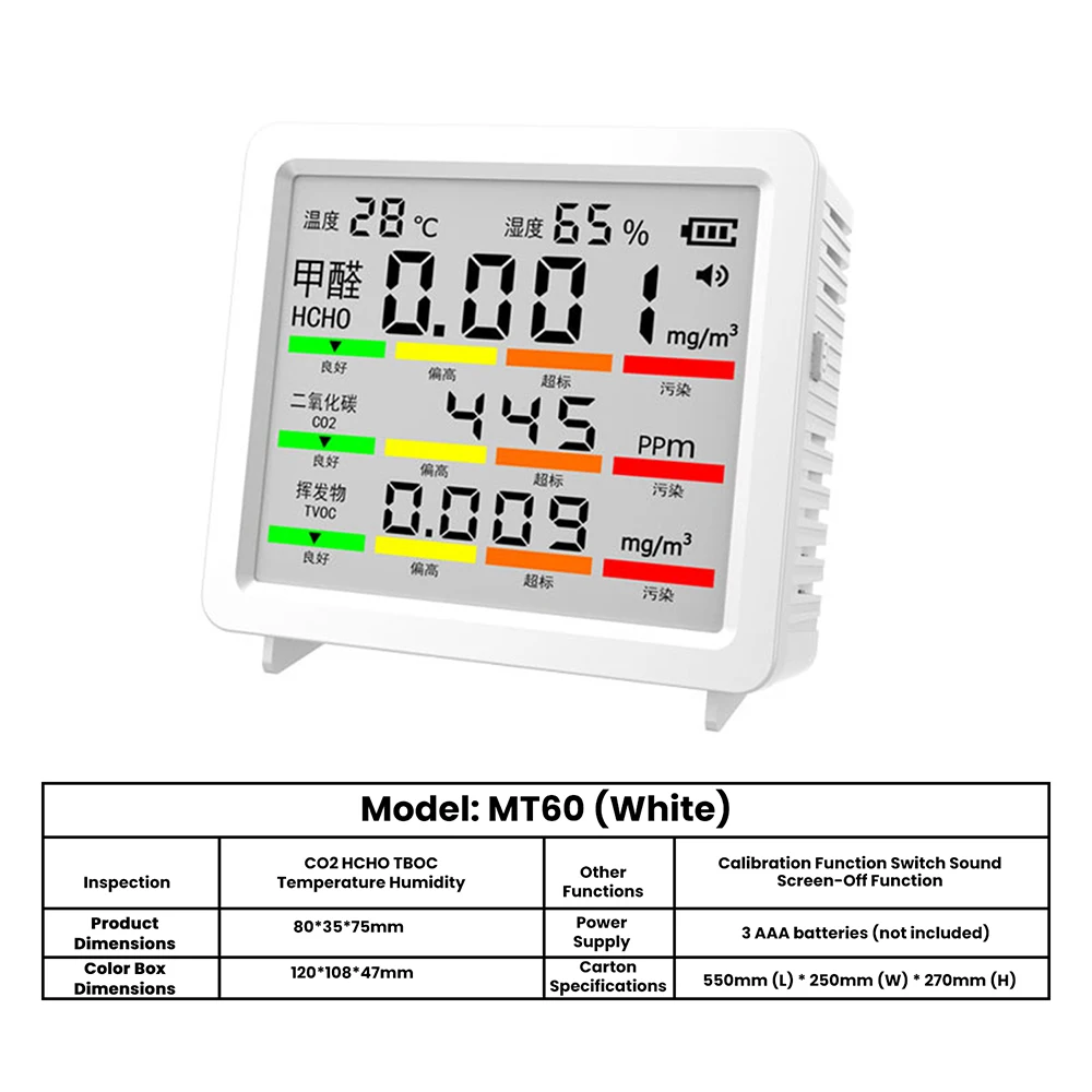 5 in 1 High Precision Temperature Humidity CO2 Formaldehyde Carbon Dioxide Air Quality Detector Tester Tools Type C Interface