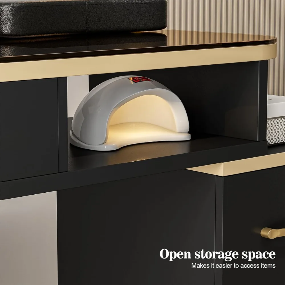 طاولة مانيكير لتقنية الأظافر، محطة مكتب أظافر زجاجية مع 4 أدراج وأرفف تخزين من طبقتين، محطة عمل صالونات التجميل #5