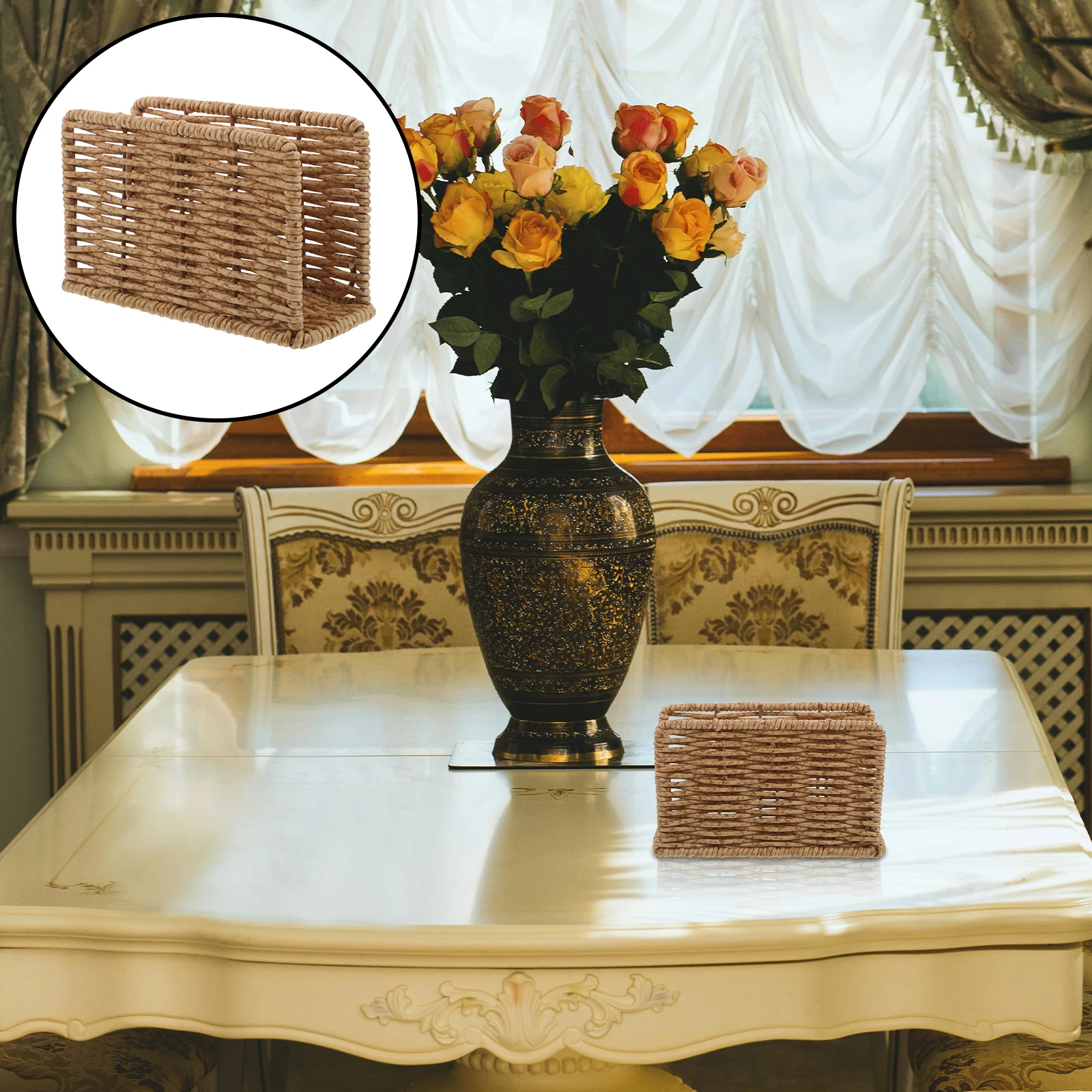 

Hand Woven Modern Napkin Holder Stand for Table - PP and Iron Rustic Napkin Dispenser Organizer for Kitchen Dining Room Decor,