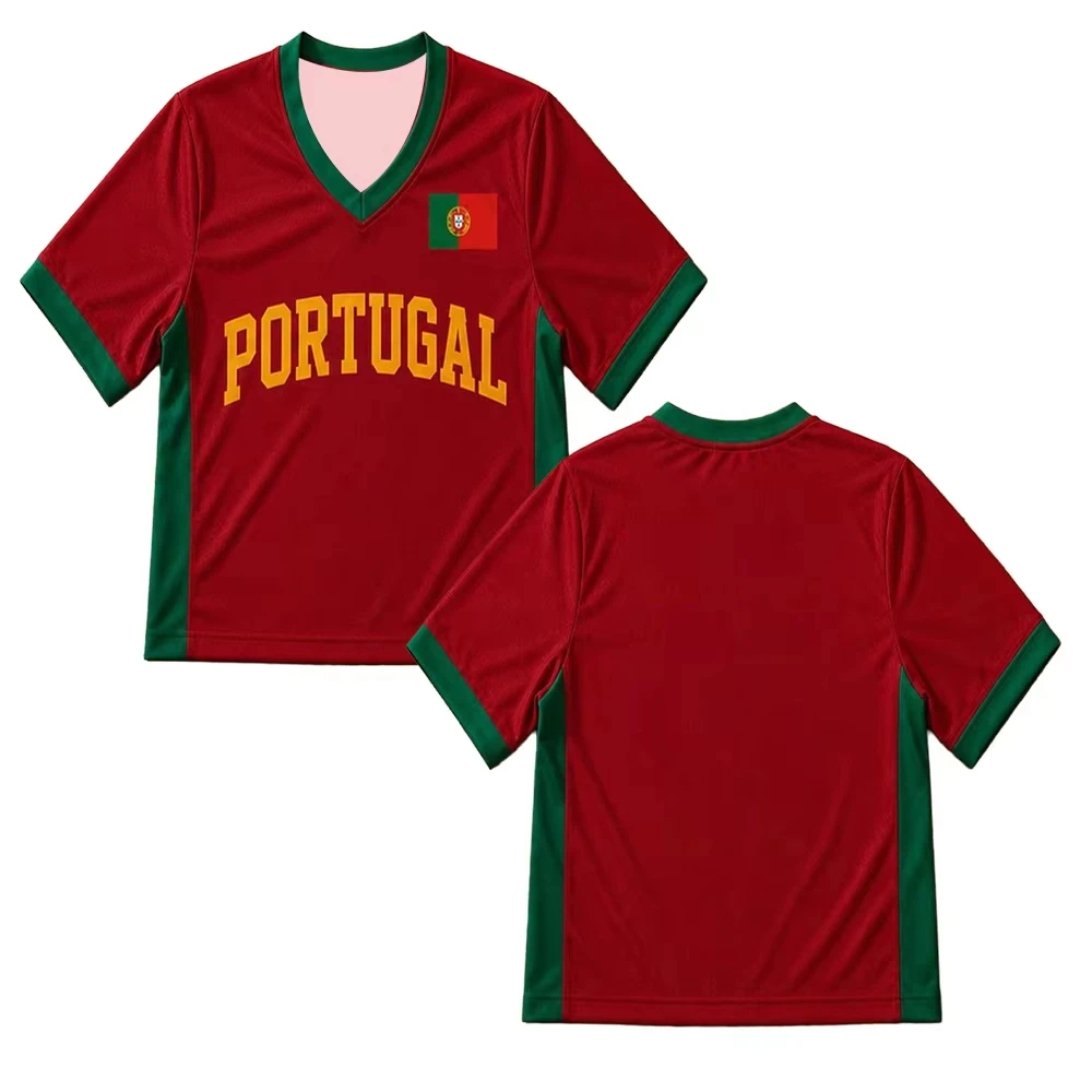 Portugal Fußballtrikot CR7 Nummer Rot Fan-Shirt für Damen und Herren Modisches Atmungsaktives Mesh-Trikot V-Ausschnitt Übergroßes Fußball-Oberteil – Detail 6