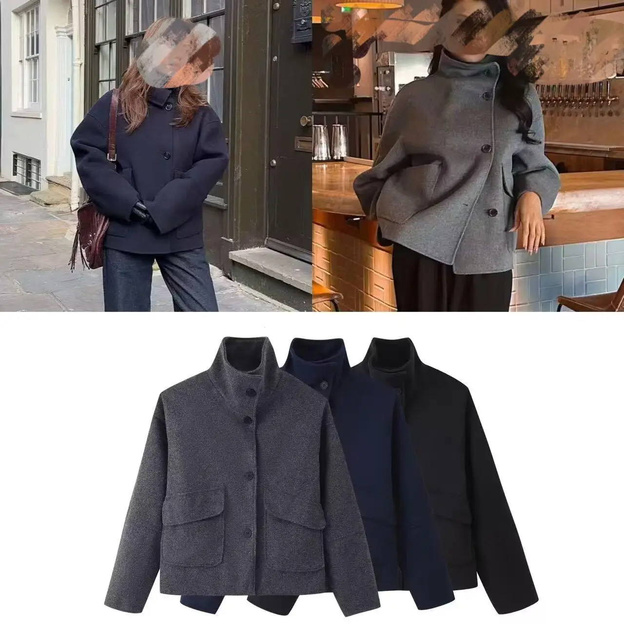 

Women's Short Wool Coat Large Pocket Design Button Placket A minimalist yet sophisticated style
