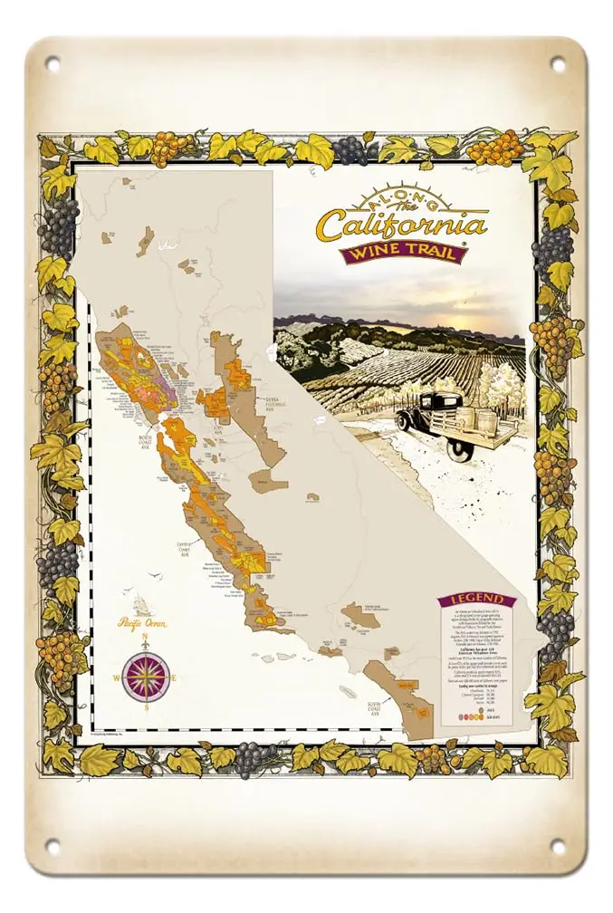 Along the California Wine Trail Map - American Viticultural Areas (AVA) - California Vineyards Wine Country Art c.2017-8 x  sign