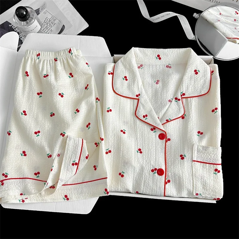 

Summer ort Sve Spwear Women's Bubble Gauze Pleated Cardigan Sweet Little Cherry Thin Home Clothes Set Casual Sle
