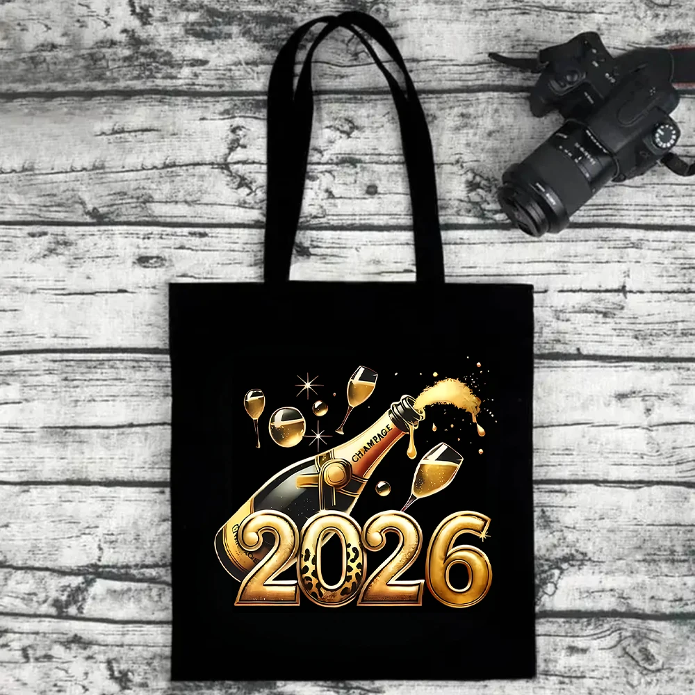 2026 New Year Champagne Gold Canvas Tote Bag with Makeup Pouch Set Women Reusable Shopping Handbag for Party Gift Beach Bag