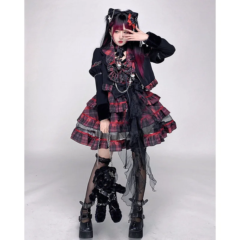 New Original Japanese Harajuku Cool Girl Fashion Red Dress Female Lolita Temperament Slim Sweet Kawaii Dress