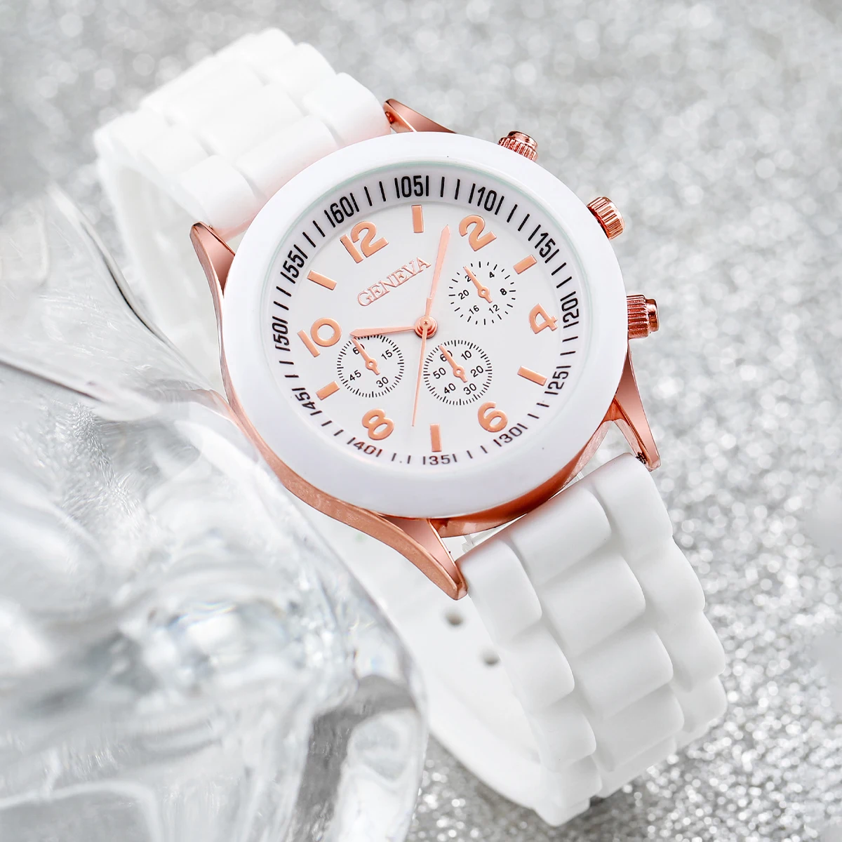 4PCS/Set Geneva Watch Pealrs Jewelry Set Fashion Silicone Band Women Quartz Wristwatch Female Casual Clock（Without Box）