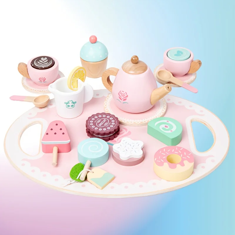 ألعاب حفلات الشاي الخشبية للأطفال الصغار - أدوات المائدة والحلوى المحاكاة، لعب التظاهر بين الوالدين والطفل، ألعاب وهدايا للأطفال #1