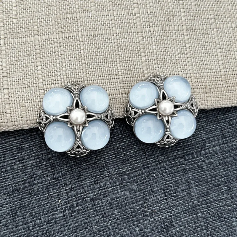 Court Style Vintage Lace Four-Petal Flower Earrings with Freshwater Pearls and Blue Cat's Eye,Stud and Clip-On Options for Women