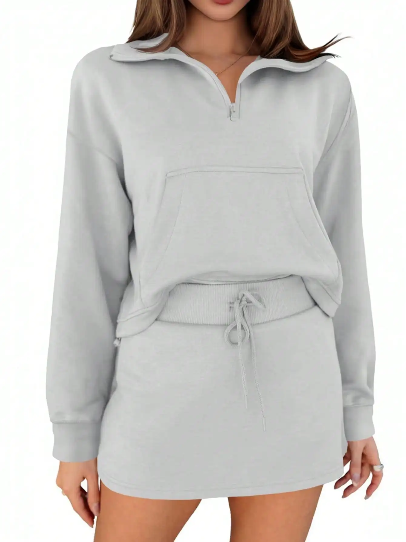 Conjunto casual feminino Fisoew, moletom recortado aconchegante e mini saia, roupa de lounge